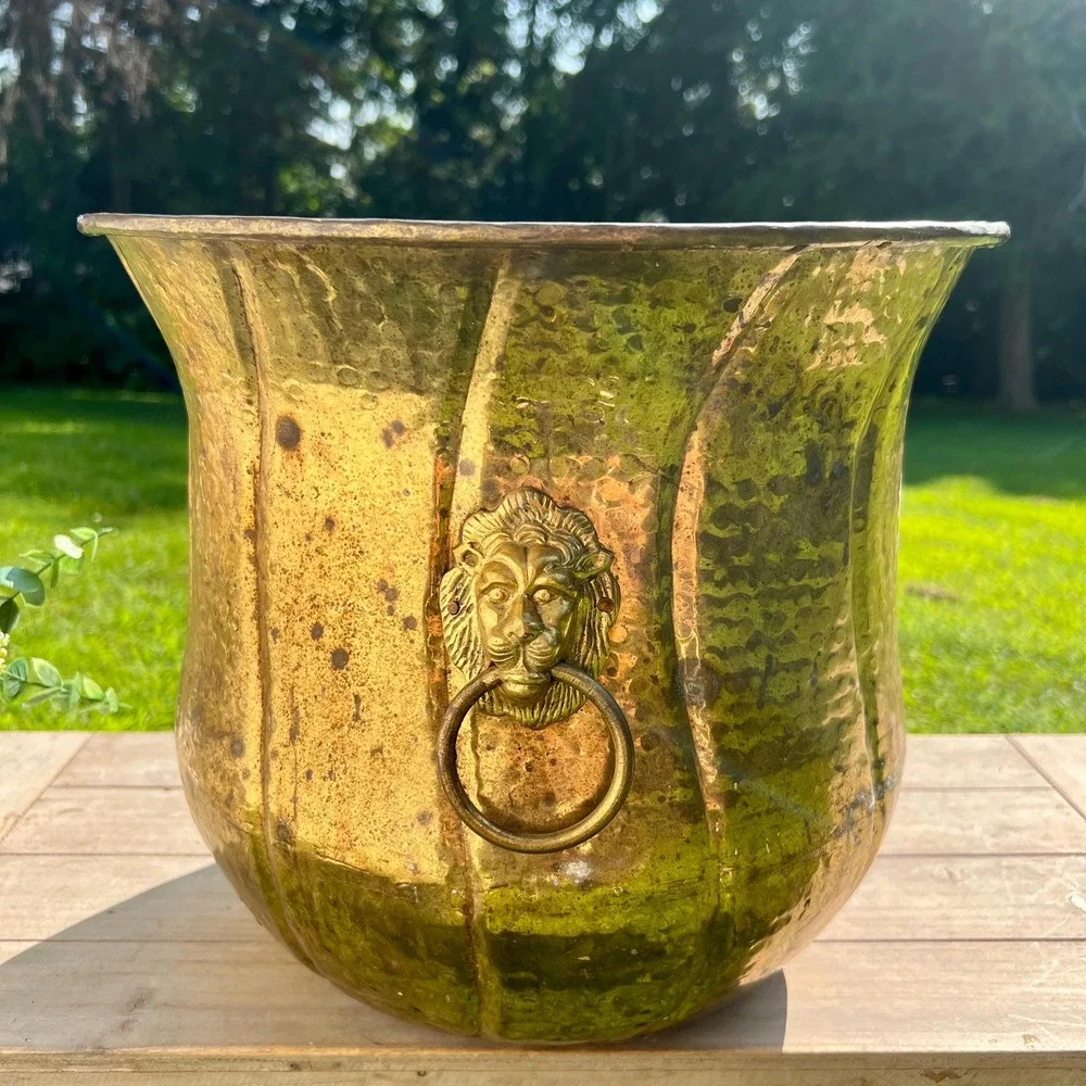 Large Vintage Brass Double Lion Head Planter